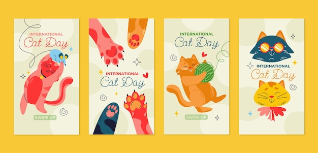 Vector gratuito colección de historias planas de instagram para la celebración del día internacional del gato