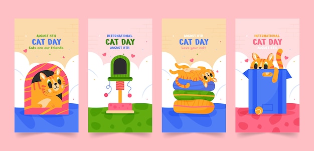 Vector gratuito colección de historias planas de instagram para la celebración del día internacional del gato