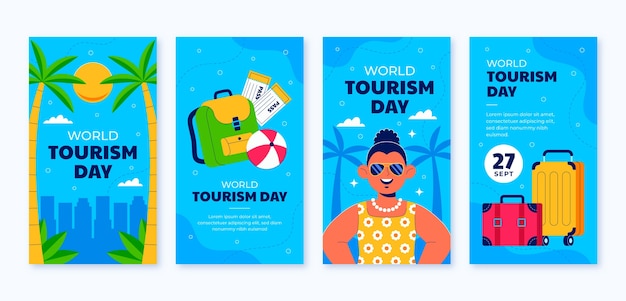 Colección de historias planas de instagram para la celebración del día mundial del turismo