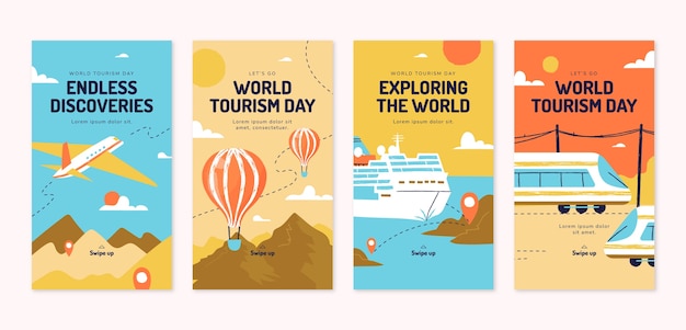 Colección de historias planas de instagram para la celebración del día mundial del turismo