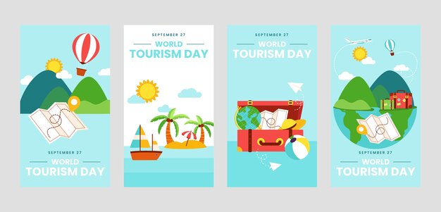 Colección de historias planas de instagram para la celebración del día mundial del turismo