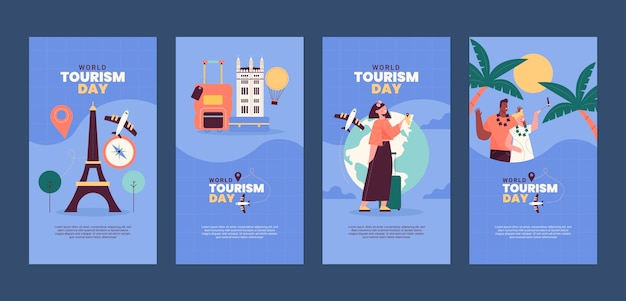 Colección de historias planas de instagram para la celebración del día mundial del turismo