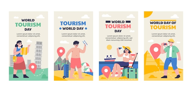 Vector gratuito colección de historias planas de instagram para la celebración del día mundial del turismo