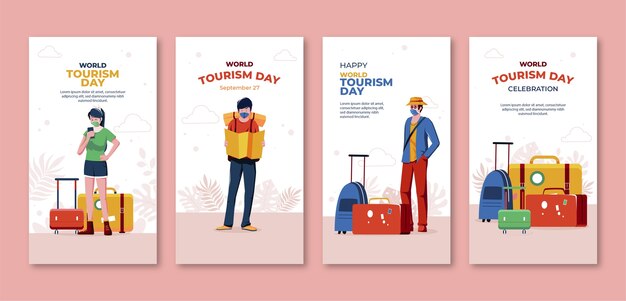 Vector gratuito colección de historias planas de instagram para la celebración del día mundial del turismo