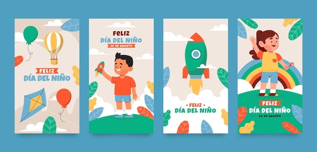 Vector gratuito colección de historias planas de instagram para la celebración del día del niño en español