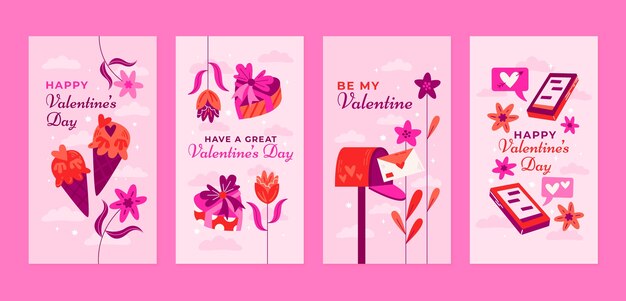Colección de historias planas de instagram para la celebración del día de san valentín