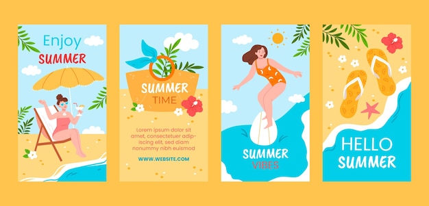 Colección de historias planas de instagram para la celebración de la temporada de verano