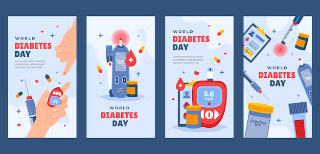 Vector gratuito colección de historias planas de instagram para la concientización sobre el día mundial de la diabetes.