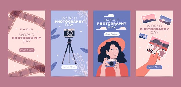 Colección de historias planas de instagram para el día mundial de la fotografía