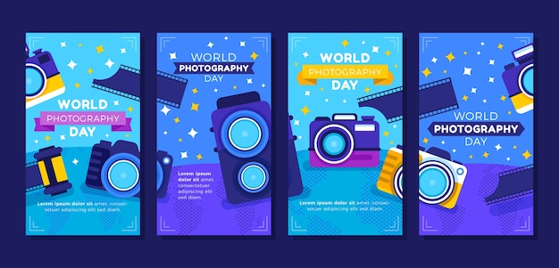 Vector gratuito colección de historias planas de instagram para el día mundial de la fotografía