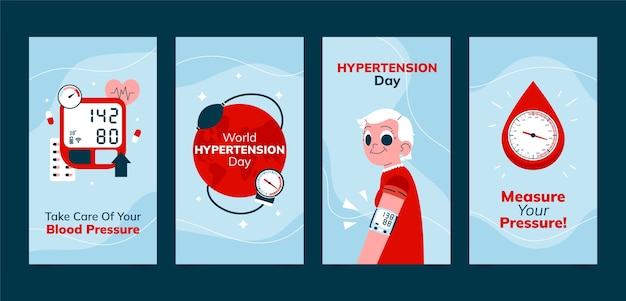 Vector gratuito colección de historias planas de instagram para el día mundial de la hipertensión