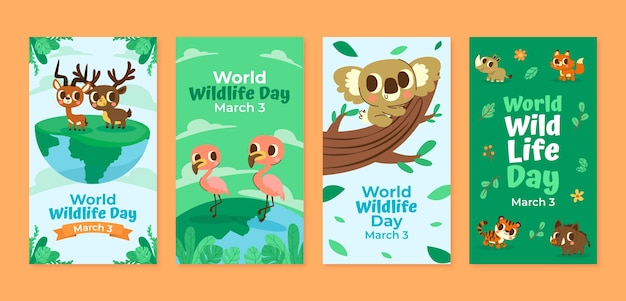 Colección de historias planas de instagram para el día mundial de la vida silvestre con animales