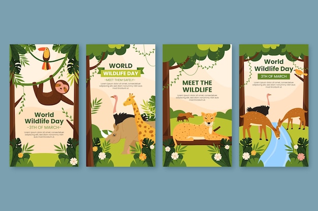Colección de historias planas de instagram para el día mundial de la vida silvestre con flora y fauna