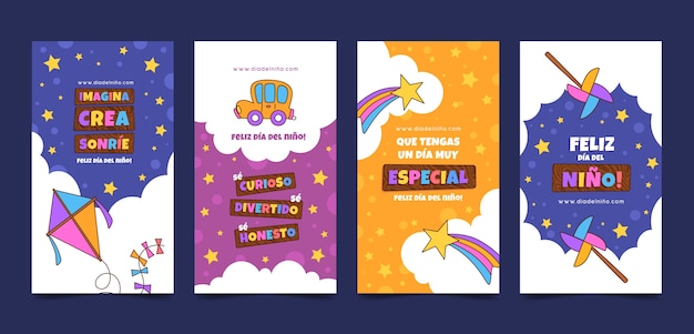 Vector gratuito colección de historias planas de instagram para el día del niño en español