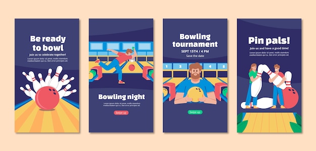 Colección de historias planas de instagram para torneo de bolos