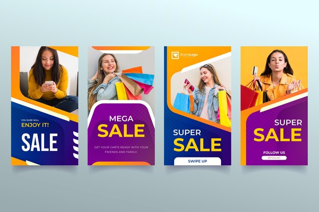 Colección de historias de rebajas de instagram degradado con foto