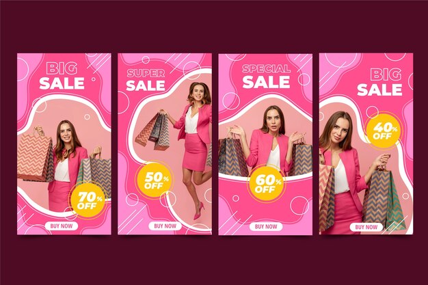 Colección de historias de rebajas de instagram dibujadas a mano con foto