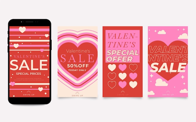 Vector gratuito colección de historias de rebajas de san valentín con oferta.