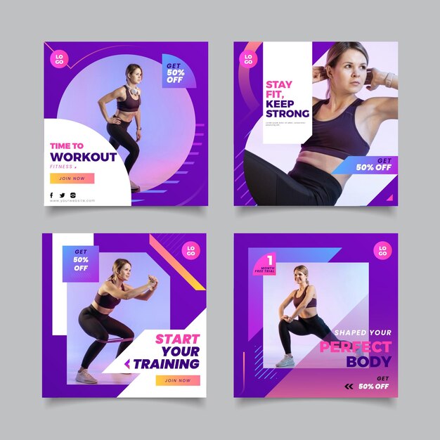 Colección de historias de salud y fitness en gradiente con foto