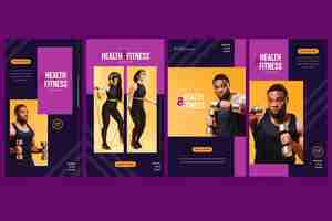 Vector gratuito colección de historias de salud y fitness planas con foto