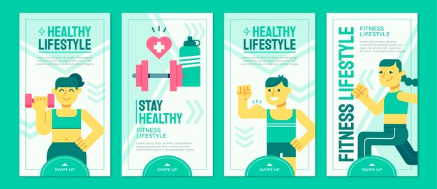 Colección de historias de salud y fitness planas