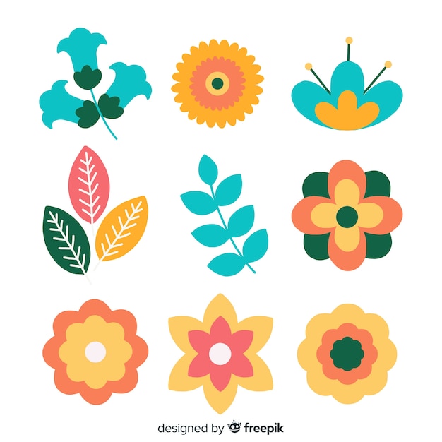 Colección de hojas y flores abstractas en diseño plano