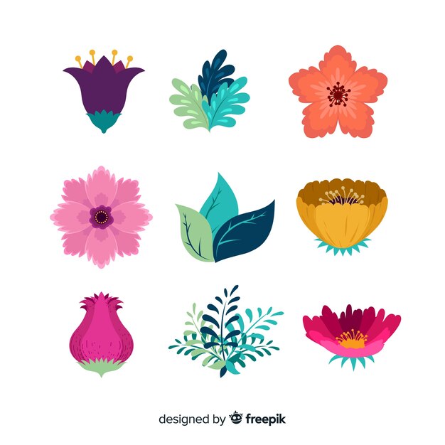 Colección de hojas y flores abstractas en diseño plano