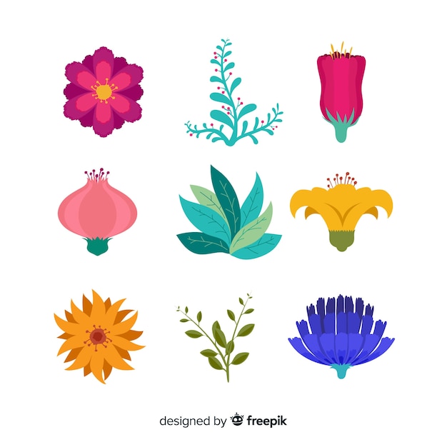 Vector gratuito colección de hojas y flores abstractas en diseño plano