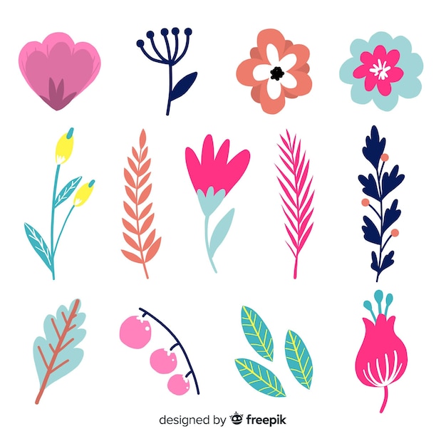 Vector gratuito colección hojas y flores dibujadas a mano