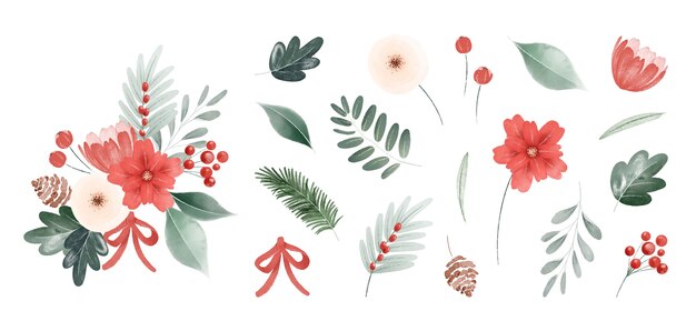 Colección de hojas y flores navideñas en acuarela