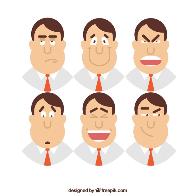 Colección de hombre de negocios plano con seis expresiones faciales