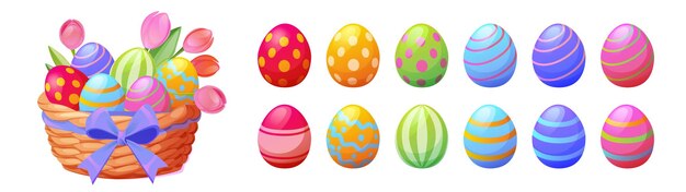 Colección de huevos de Pascua y canasta de mimbre