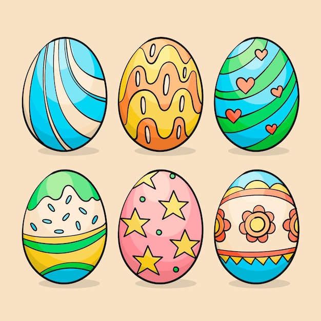Colección de huevos de pascua decorativos coloridos dibujados a mano