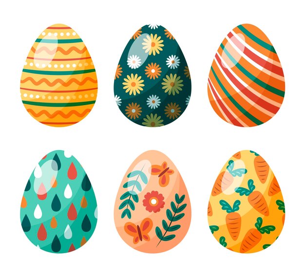 Colección de huevos de pascua decorativos coloridos dibujados a mano