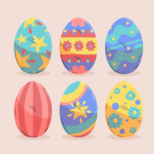 Colección de huevos de pascua decorativos coloridos dibujados a mano