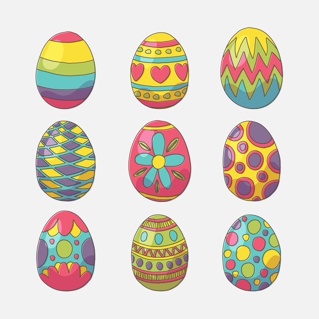Colección de huevos de pascua decorativos coloridos dibujados a mano