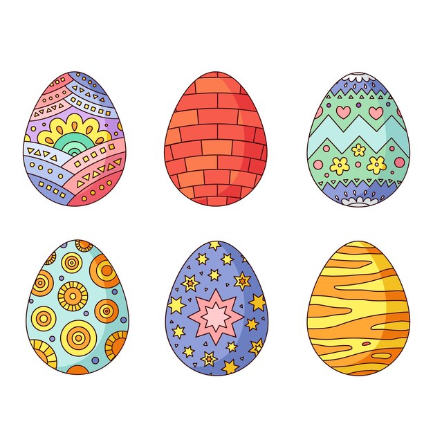 Colección de huevos de pascua decorativos coloridos dibujados a mano