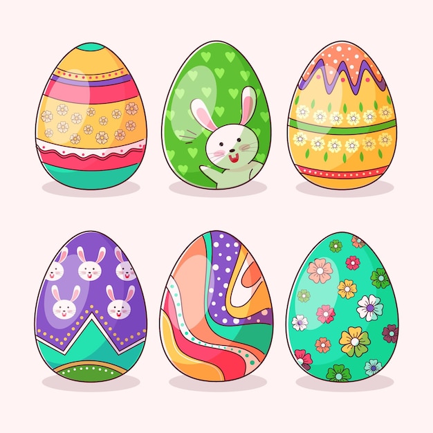 Colección de huevos de Pascua decorativos planos y coloridos