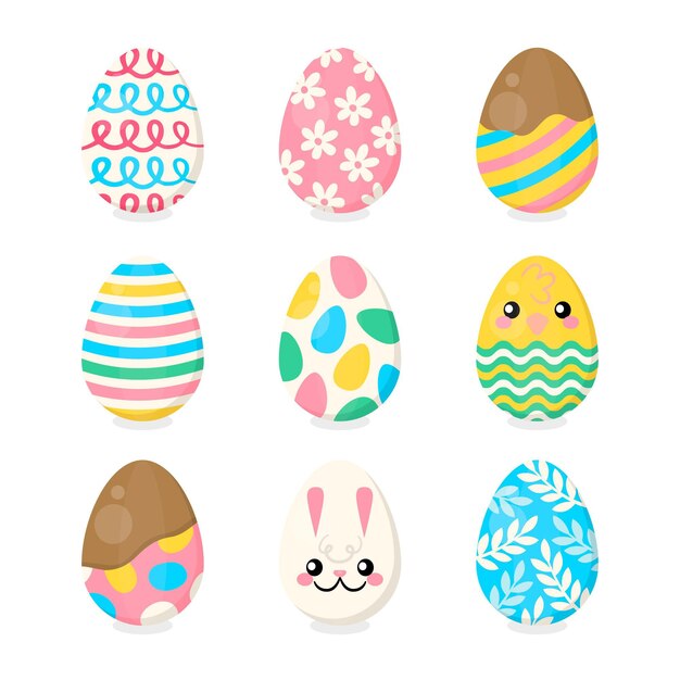 Colección de huevos de pascua decorativos planos coloridos