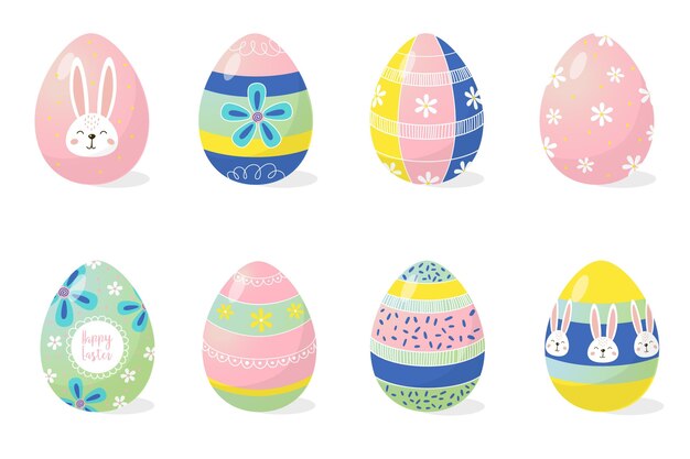 Colección de huevos de pascua decorativos planos coloridos