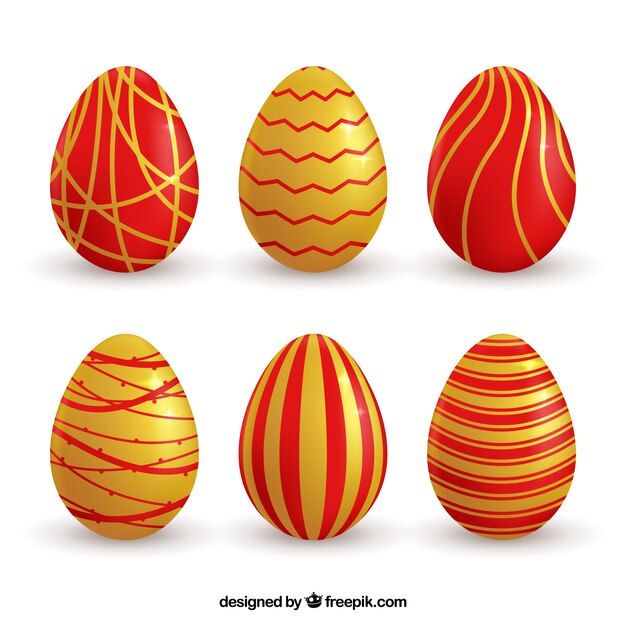 Colección de huevos de pascua dorados y rojos