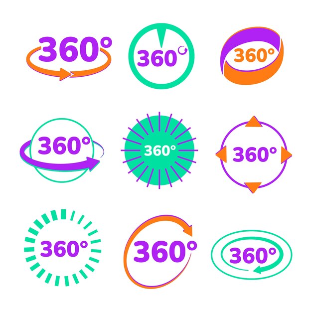 Colección de iconos de 360 grados dibujados a mano