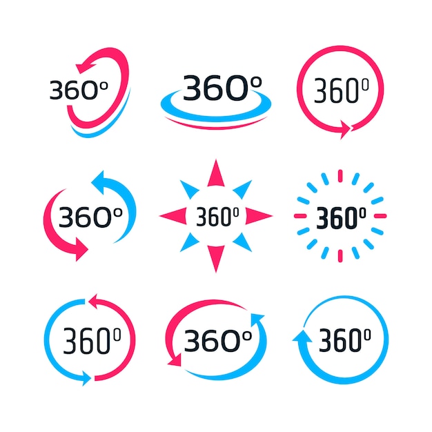 Colección de iconos de 360 grados dibujados a mano