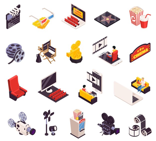 Colección de iconos de cine isométricos de dieciséis imágenes aisladas con herramientas para hacer películas muebles de auditorio e ilustración de vectores de personas