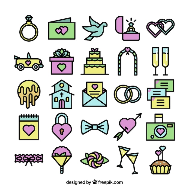 Colección de iconos coloridos de boda