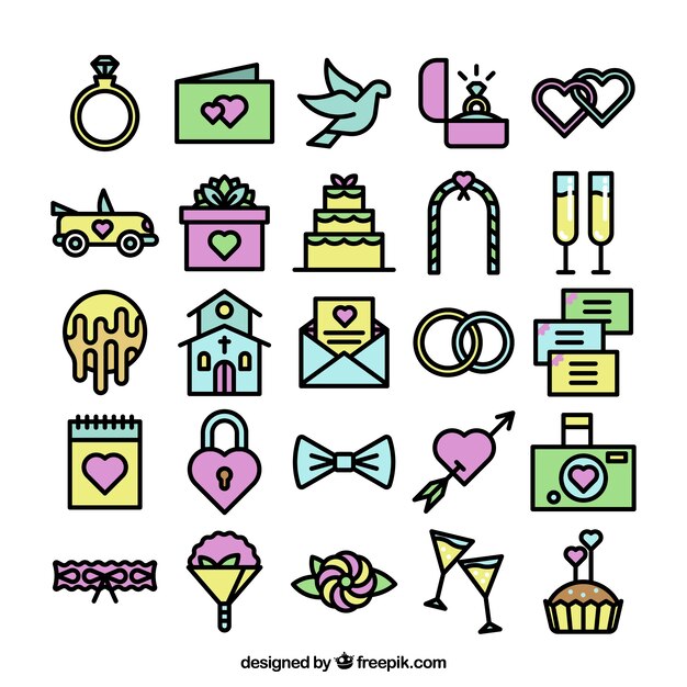 Colección de iconos coloridos de boda