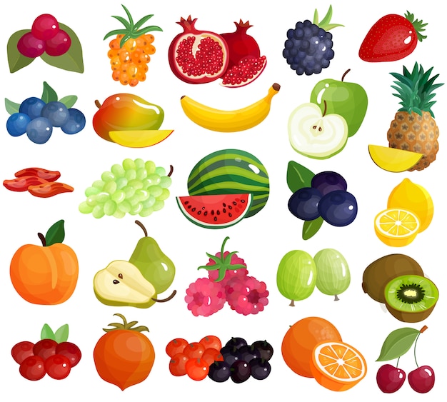 Colección de iconos coloridos de frutas bayas