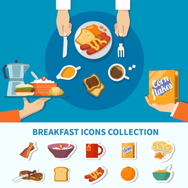 Vector gratuito colección de iconos de desayuno plano