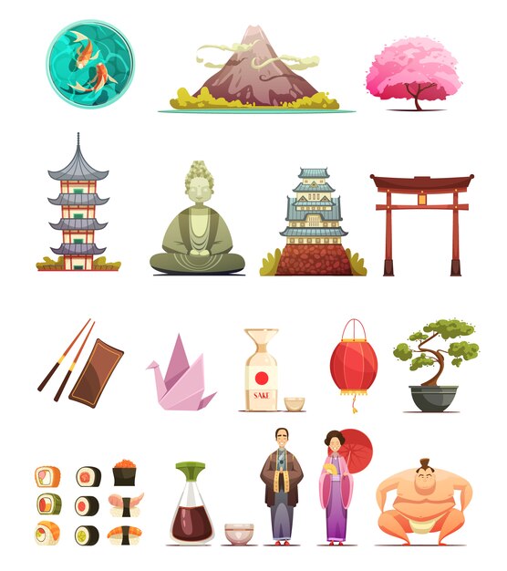 Colección de iconos de dibujos animados retro cocina japonesa tradiciones cocina con bonsai flor de cerezo