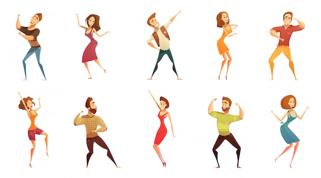 Vector gratuito colección de iconos de estilo de dibujos animados divertidos de personas bailando con hombres y mujeres en movimiento libre plantea aisla